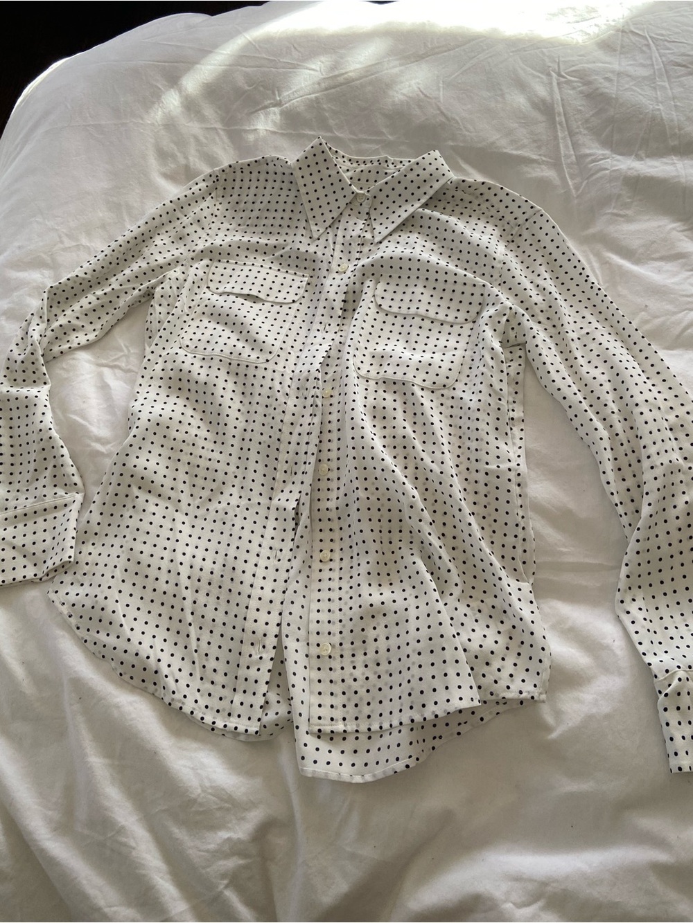 NWOT Equipment White Silk Button Up Blouse with Black Polka Dots